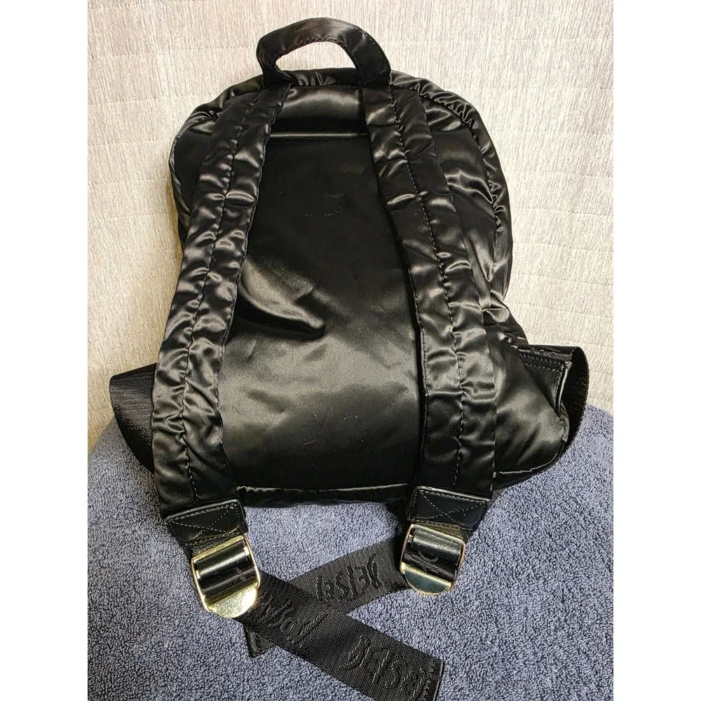 831 Betsey Johnson Blk Satin Embossed Logo Backpack Floral Lining Gold Hardware
